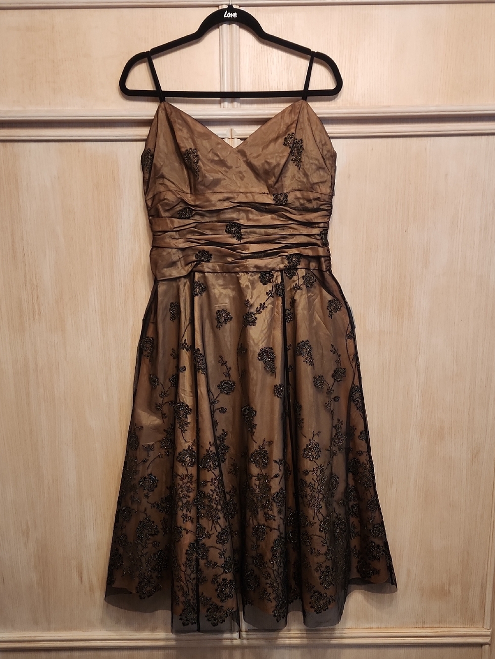 Papell Boutique Vintage Brown Midi Dress with Black Floral Lace Overlay Sz 12